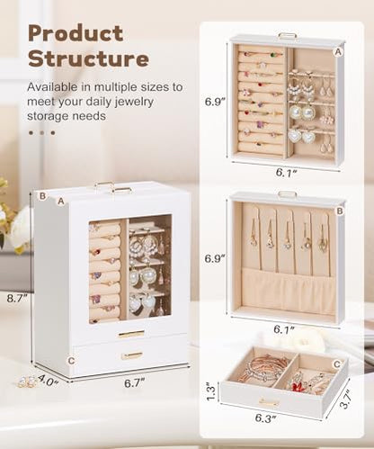 Homde Display Jewelry Box for Girls: Starter Organizer with Clear Window | Vertical Drawers for Earrings Rings Necklaces - Compact Footprint Fits Small Vanities - Birthday&Graduation Gift for Teens