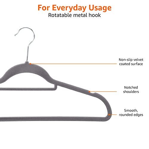Amazon Basics Space Saving Heavy Duty Non-Slip Velvet Suit Hangers with Horizontal Tie Bar, Sturdy for Clothes Organization and Storage, Dark Gray, 50-Pack