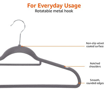 Amazon Basics Space Saving Heavy Duty Non-Slip Velvet Suit Hangers with Horizontal Tie Bar, Sturdy for Clothes Organization and Storage, Dark Gray, 50-Pack