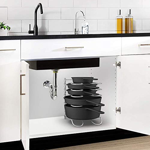 Heavy Duty Pan Rack, Pot Lid Rack, Kitchen Cabinet Pantry Cookware Organizer Rack Holder with 5 Adjustable Dividers, Chrome
