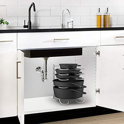 Heavy Duty Pan Rack, Pot Lid Rack, Kitchen Cabinet Pantry Cookware Organizer Rack Holder with 5 Adjustable Dividers, Chrome