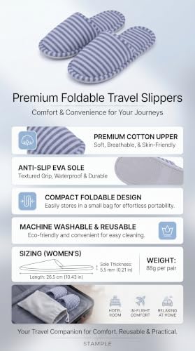 VGEBY 1 Pair Travel Foldable Slippers Anti-slip with Drawstring Storage Bag for Home Hotel Flight Indoor Outdoor(Color : Grey Stripes for Women)