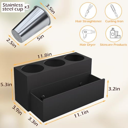 Matte Black Countertop Hair Tool Organizer for Vanity | Stainless Heat Insulated Cups, Detachable Drawer, Stores Hot Styling Tools, Hair Dryer & Curling Irons