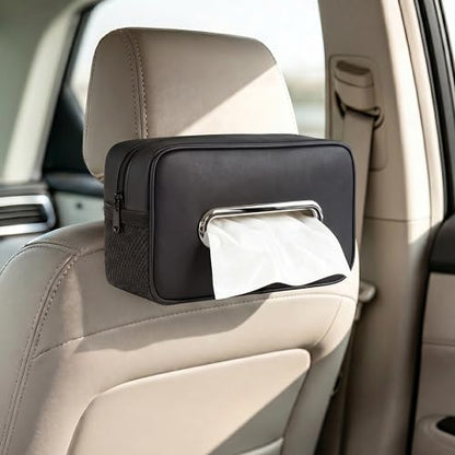 Car Tissue Box Holder PU Leather Car Organizer with Side Storage Pockets | Tissue Box Cover, Fits 120-160 Standard Rectangular Tissue Boxes, Large Capacity Backseat Tissue Organizer for Car SUV Truck