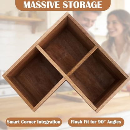 Extra Large Corner Utensil Holder with 3 Compartme... (Natural | Acacia Wood)