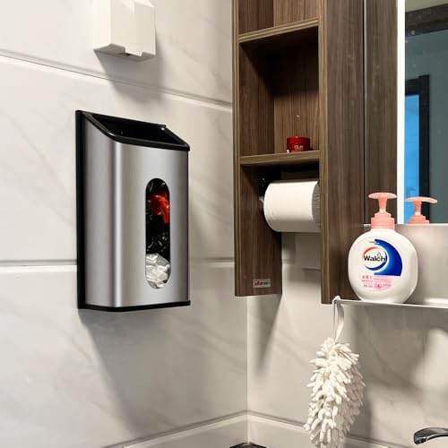Plastic Bags Holder Grocery Dispenser for Kitchen Trash Bag Storage with Stainless Steel Front, Wall Mounted with Extra Wide Easy Access Openings