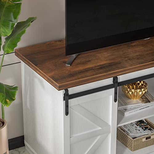 JUMMICO TV Stand for 65 Inch TV, Sliding Barn Doors, Bright White | Farmhouse Entertainment Center, Storage Cabinets, Adjustable Shelves, Media Console for Living Room, Bedroom