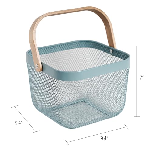Metal Mesh Steel Harvest Basket, Wire Garden Basket with Handle | Square Multi-Functional Storage Organizer for Gathering Vegetables, Fruits, Kitchen, Garden, Picnic & Cabinet (Aqua)