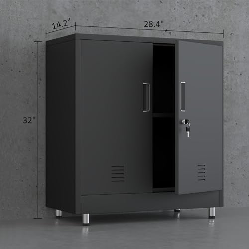 Metal Storage Cabinet with Locking Doors and Adjustable Shelf, Small Lockable Sideboard Buffet Cabinet for Home Office Hallway Entryway Living Dining Room (Black)