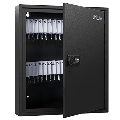 Uniclife 60 Position Slotted Key Cabinet with Combination Lock Resettable Black Digital Security Storage Box Steel Key Organizer with Slotted Racks White Key Tag Labels and Permanent Pen