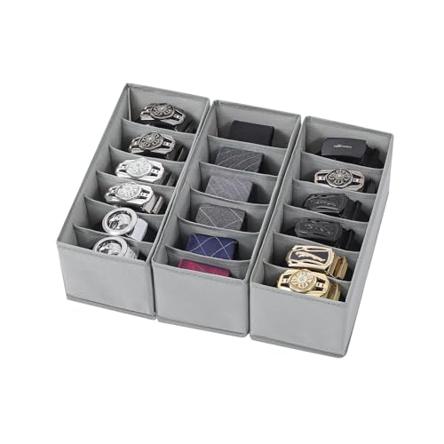 3 Packs Fabric Belt Organizer for Closet and Drawer, Foldable 6 Grids Dresser Drawer Organizers, Belt Tie Holder, Tie Box-Grey