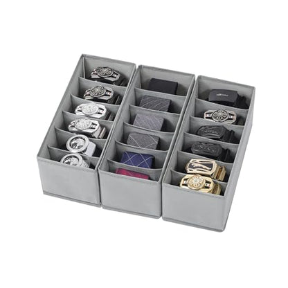 3 Packs Fabric Belt Organizer for Closet and Drawer, Foldable 6 Grids Dresser Drawer Organizers, Belt Tie Holder, Tie Box-Grey
