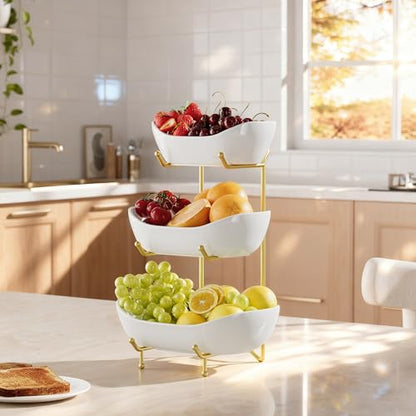 Ceramic 3 Tier Fruit Bowl, Fruit Basket for Kitchen Counter, Gold | Space-saving countertop fruit holder for vegetables, snacks, bread, candy, nuts, cakes and desserts; dishwasher-safe ceramic