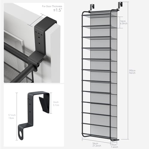 Whitmor 36 Pair Over the Door Shoe Organizer, 12 Tier Hanging Shoe Organizer, Heavy Duty Metal & Mesh Shoe Holder, Hanging Shoe Rack for Closet Storage, 74"H x 21.7"W x 7.5"D, Gunmetal Gray