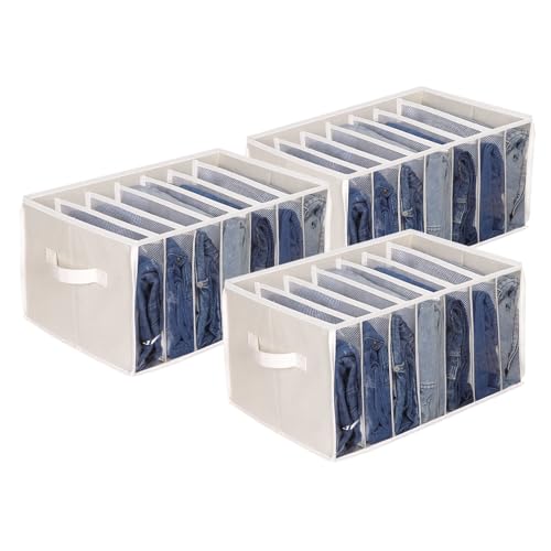 Zilink Jean Organizers for Closet Wardrobe Clothes Organizer, Beige, 3 Pack | 7 Grids Divider, Support Board, Upgraded Extra Large Sweater Organizer for Closet for Jean, Pant, Sweaters, T-Shirt