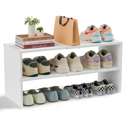 White Shoe Rack Organizer for Closet, 2-Tier Expandable Shoe Shelf, Stackable Iron Wood Combination Small Shoe Racks Shelves for Closets, Entryway,Small Space,Hallway,Bedroom,Bathroom,6-12 Pairs