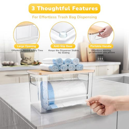 Trash Bag Dispenser Holder, 3-in-1 Laundry Detergent Dispenser Under Sink Organizer Box & Bamboo Lid, Clear Laundry Room Organization and Storage, Kitchen Garbage Bags Storage Container