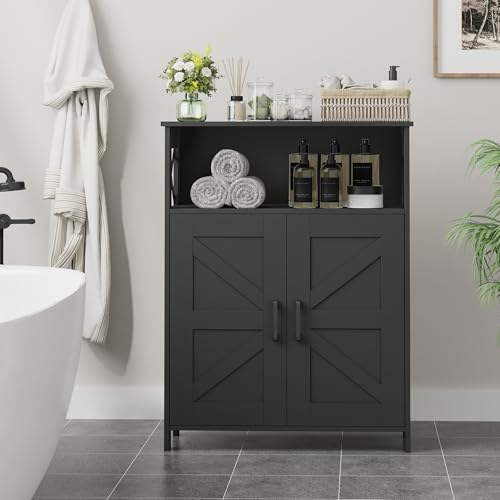 Farmhouse Bathroom Storage Cabinet with Doors, Small Floor Cabinet | Toilet Paper Cabinet with Adjustable Shelf, Freestanding Storage Cabinet for Kitchen/Laundry/Living Room, 24"W, Black