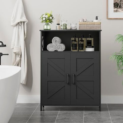 Farmhouse Bathroom Storage Cabinet with Doors, Small Floor Cabinet | Toilet Paper Cabinet with Adjustable Shelf, Freestanding Storage Cabinet for Kitchen/Laundry/Living Room, 24"W, Black