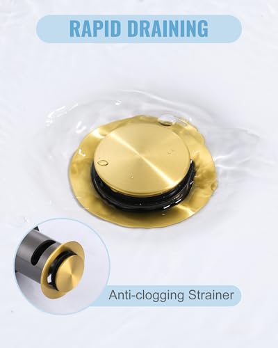 Bathroom Sink Drain with Overflow Vessel Sink Stopper, Pop Up Drain for Bathroom Sink Pop Up Drain Stopper for Hair Catcher, Brushed Gold