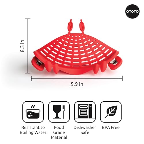 OTOTO Crab Clip-On Strainer - Silicone Pasta Strainer with Stainless Steel Tongs - Unique Kitchen Gadgets, Cooking Gifts for Women, Kitchen Essentials, Funny Gifts, Kitchen Accessories - (Crabby)