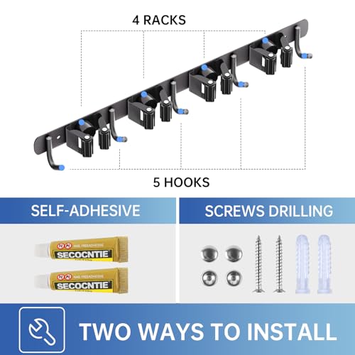 2 Pack Mop Broom Holder Wall Mount 4 Racks 5 Hooks Storage Black | 304 Rustproof Stainless Steel Broom Hanger, Non-Slip Wall Mount Organizer, Space Saving For Kitchen, Laundry, Garden