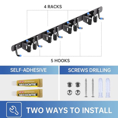 2 Pack Mop Broom Holder Wall Mount 4 Racks 5 Hooks Storage Black | 304 Rustproof Stainless Steel Broom Hanger, Non-Slip Wall Mount Organizer, Space Saving For Kitchen, Laundry, Garden