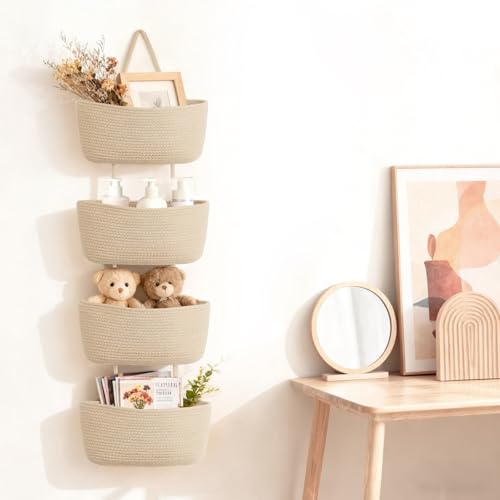 Dahey Over The Door Hanging Basket Storage 4-Tier Woven Wall Basket, Jute | Space-Saving, Hook Fits 1.77" Door, Widely Boho Nursery Organizer for Bathroom Bedroom Dorm Decor, Detachable Adjustable Rope