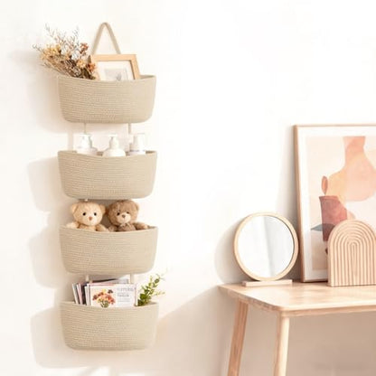 Dahey Over The Door Hanging Basket Storage 4-Tier Woven Wall Basket, Jute | Space-Saving, Hook Fits 1.77" Door, Widely Boho Nursery Organizer for Bathroom Bedroom Dorm Decor, Detachable Adjustable Rope