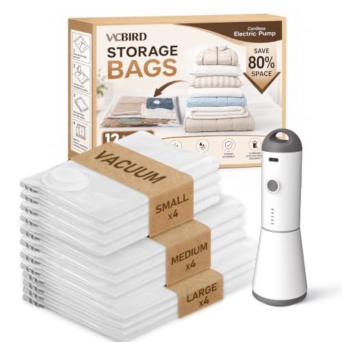 Travel Vacuum Storage Bags with Rechargeable Cordl... (12 Count | White)
