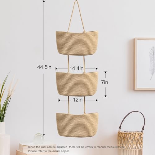 TeoKJ Over the Door Hanging Basket, 3-Tier Woven Cotton Wall-Mounted Storage Organizer Bag Decorative Hanging Nursery Baskets, Jute