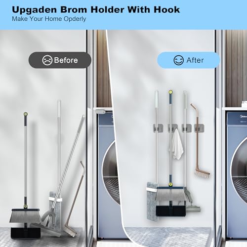 4 Pack Stainless Steel Mop and Broom Holder Wall Mount with Hook, Silver | Screw Drilling or Self Adhesive Storage Rack for Closet Laundry Garage Garden Tool Organizer