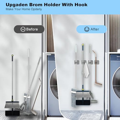 4 Pack Stainless Steel Mop and Broom Holder Wall Mount with Hook, Silver | Screw Drilling or Self Adhesive Storage Rack for Closet Laundry Garage Garden Tool Organizer
