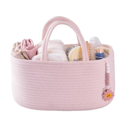 XUANGUO Pink Cotton Rope Baby Diaper Caddy Organizer Basket for Girls | Nursery Storage Bin, Portable Baby Tote Bag for Changing Table or Car, Baby Shower Gifts Bag, Newborn Essentials, Registry