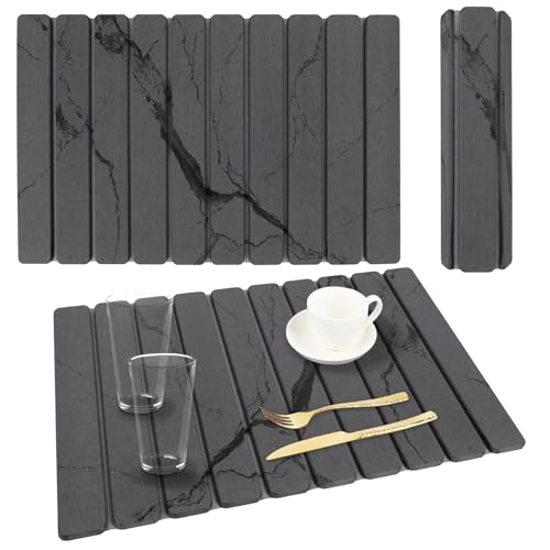 Stone Dish Drying Mat for Kitchen Counter, 24 x 16 Inch(Dark Gray Marble) | Absorbent diatomaceous earth and PVC, folds for compact storage, suitable for dishes, cups, bottles, or a bathroom floor mat