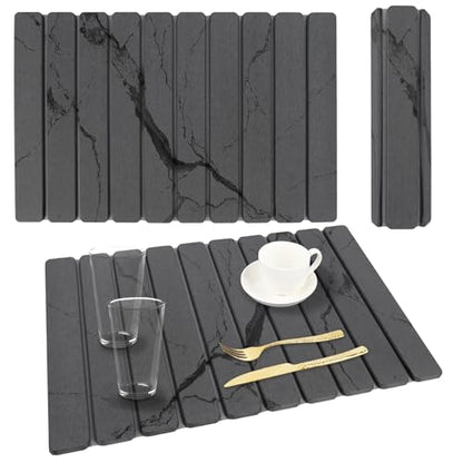 Stone Dish Drying Mat for Kitchen Counter, 24 x 16 Inch(Dark Gray Marble) | Absorbent diatomaceous earth and PVC, folds for compact storage, suitable for dishes, cups, bottles, or a bathroom floor mat