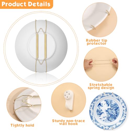 14 pcs Plate Hangers for The Wall, 4/6/8/10/12 Inch Invisible Decorative Wall Plate Hangers, Stainless Steel Plates Walls Hanger for Display Various Sizes with Hooks for Decorative