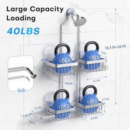 Sewulidon Aluminum Alloy Hanging Shower Caddy for Handheld Shower Heads,Rustproof Hose Shower Organizer 4 Levels Height Adjustable Shower Rack with Hooks,Razor Holder,Soap Holder