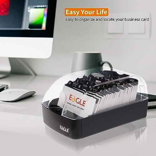 Eagle Business Card Box, Push-Button,Storage up to 350 Cards | Clear push-button cover, 20 A-Z index guides, adjustable card support, fits standard 2 x 3.5 in business cards, black