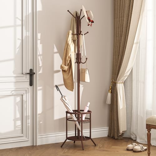 Coat Rack Freestanding, Metal Coat Rack with Umbrella Holder | 12 Hooks, Round Base, Heavy Duty Floor Standing Coat Tree for Entryway, Hallway, Living Room, Bedroom, Office, Brown
