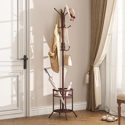 Coat Rack Freestanding, Metal Coat Rack with Umbrella Holder | 12 Hooks, Round Base, Heavy Duty Floor Standing Coat Tree for Entryway, Hallway, Living Room, Bedroom, Office, Brown
