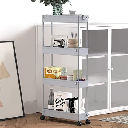 Slim Storage Cart 4 Tier,Bathroom Organizer Rolling Utility,Mobile Shelving Unit Slide Out for Office, Kitchen, Laundry Room & Narrow Places,Gray
