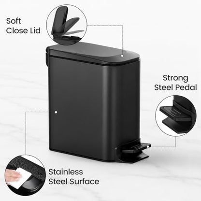 TIPGO Slim Bathroom Trash Can with Lid Soft Close, Step Pedal, 6 Liter / 1.6 Gallon Stainless Steel Garbage Can with Removable Inner Bucket, Anti-Fingerprint Finish (Matte Black)