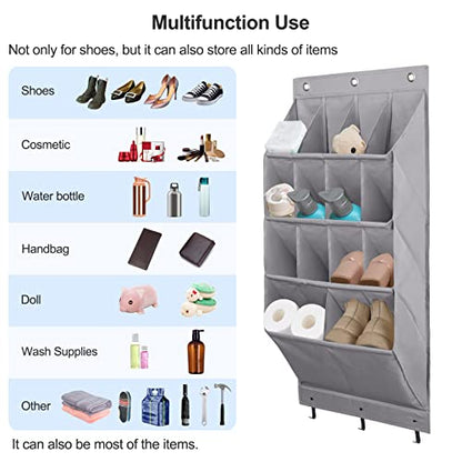 2 Pack Over the Door Shoe Organizer, Hanging Shoe Organizer Rack,24 Large Pockets and 4 Larger Storage Various Compartments with 6 Hooks, Home Accessories, Grey