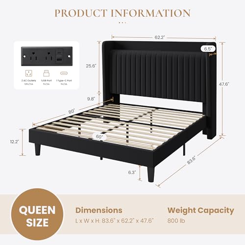 SHA CERLIN Queen Size Velvet Bed Frame with Shelf, Charging Station, Black