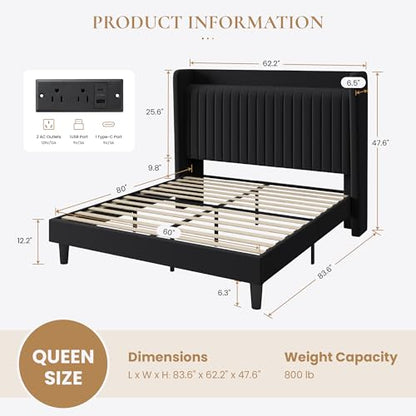 SHA CERLIN Queen Size Velvet Bed Frame with Shelf, Charging Station, Black