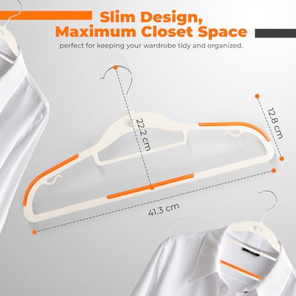 Lightweight White Plastic Hangers 20 Pack with Cascading Hook, Space Saving Thin, Closet Organizer, Orange Anti-Slip Pads, 360° Swivel, Tie Holder