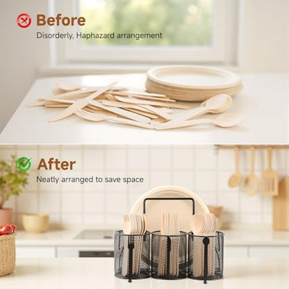 Utensil Caddy Silverware Holder for Party, Metal Mesh Cutlery Storage Organizer for Forks Spoons Napkins Plates, Perfect for Kitchen, Buffet, Picnic, Camping & Outdoor BBQ