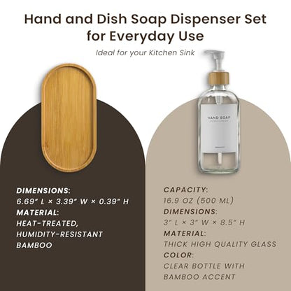 MaisoNovo Glass Dish Soap Dispenser for Kitchen Set of 2-16.9oz Clear Dish and Hand Soap Dispenser Set for Kitchen - Clear Glass Bottles x 2 with White Bamboo Pumps & Tray