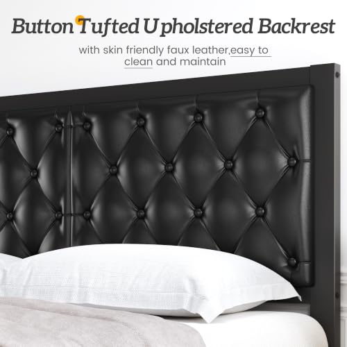HISOFT Queen Bed Frame with Upholstered Button Tufted Headboard, Bed Frame Platform Metal Slats Support, Under Bed Storage, No Box Spring Needed, Noise-Free, Easy Assembly, Black